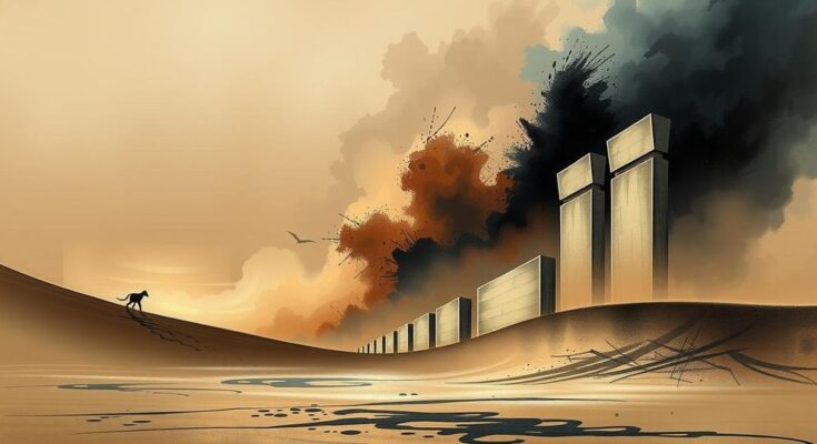 A landscape of Sudan showing abstract elements representing political conflict and ideological tension.