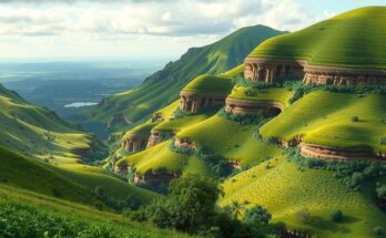 Landscape view of a lush green Zambian Copperbelt with hills, perfect for geological exploration and mining.