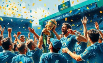 A vibrant rugby scene depicting a trophy celebration at Croke Park with blue and gold colors.