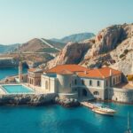 A serene view of Cyprus' coastline featuring crystal-clear waters and ancient architecture, symbolizing strategic alliances.