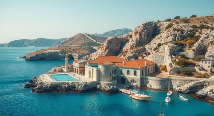 A serene view of Cyprus' coastline featuring crystal-clear waters and ancient architecture, symbolizing strategic alliances.