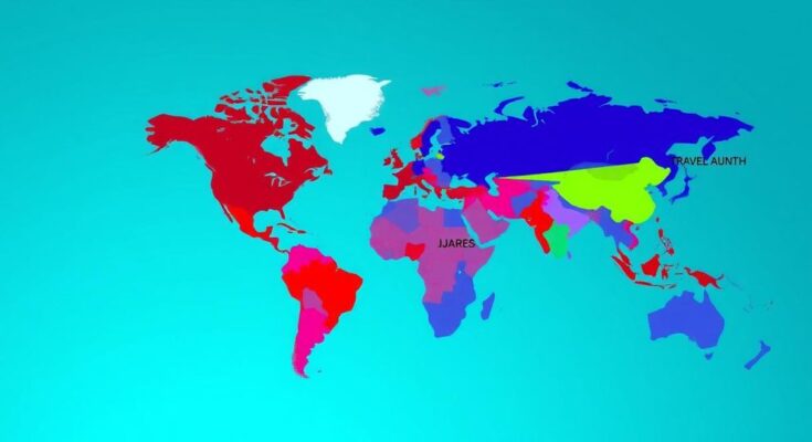 An abstract representation of a world map showing travel restrictions with highlighted countries, vibrant colors, and digital style.