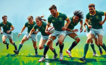 A dynamic rugby scene showcasing a team in action with vibrant greens and energetic movements.