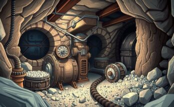 A serene underground silver mine with mining equipment against rocky textures in earthy tones.