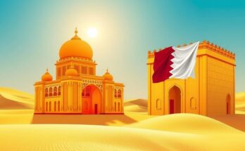 Desert landscape with landmarks representing financial collaboration between Saudi Arabia and Qatar.