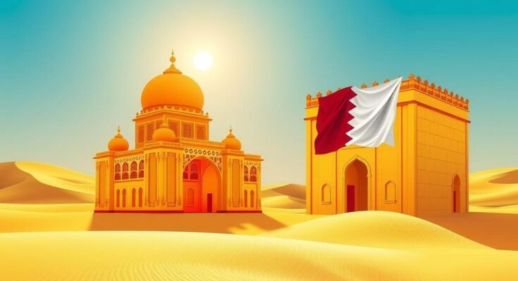 Desert landscape with landmarks representing financial collaboration between Saudi Arabia and Qatar.