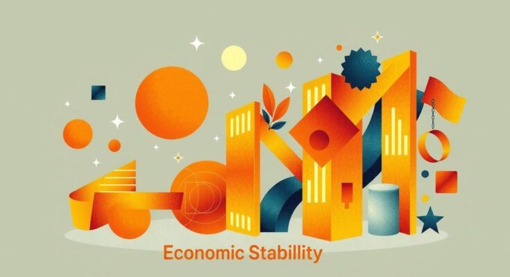 Colorful abstract representation of economic stability and growth, featuring geometric shapes and warm tones.