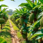 A lush cocoa farm in Nigeria with vibrant green cocoa trees, depicting revitalization efforts in agriculture.