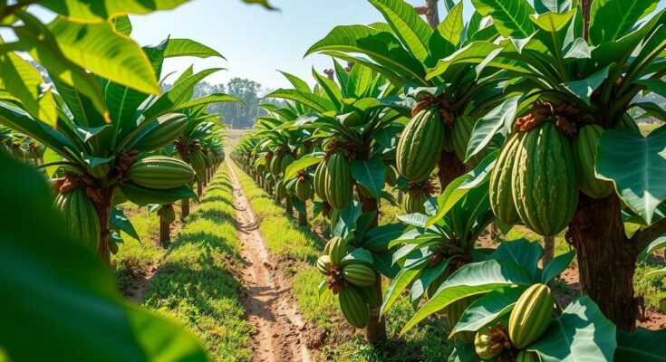 A lush cocoa farm in Nigeria with vibrant green cocoa trees, depicting revitalization efforts in agriculture.