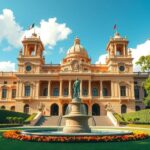 A vibrant landscape of Mexico's National Palace, under a bright sky, symbolizing leadership and diplomacy.