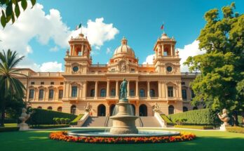 A vibrant landscape of Mexico's National Palace, under a bright sky, symbolizing leadership and diplomacy.