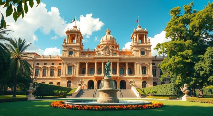 A vibrant landscape of Mexico's National Palace, under a bright sky, symbolizing leadership and diplomacy.