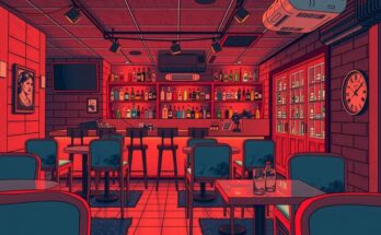 A bustling bar scene with empty tables and dimmed lights, representing diminished nightlife due to rising crime.