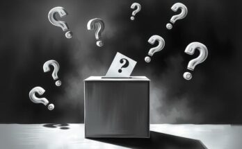 A thought-provoking image of a shadowy ballot box surrounded by question marks, symbolizing opaque political financing.