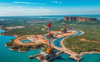 Aerial view of Angola's Kwanza basin with oil drilling infrastructure and green landscapes, bright blue skies.
