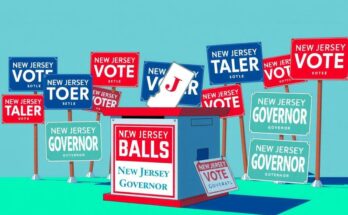 Illustration of a New Jersey voting scene featuring a ballot box and campaign signs in a vibrant color palette.