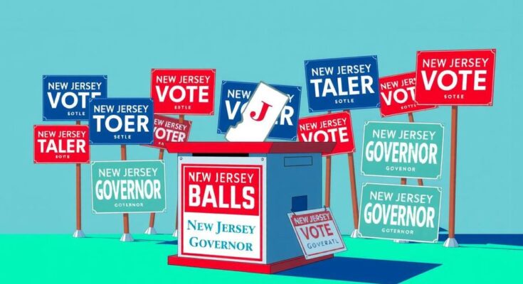 Illustration of a New Jersey voting scene featuring a ballot box and campaign signs in a vibrant color palette.