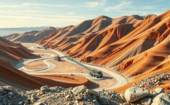 A tranquil landscape of a copper-gold mining site in Peru with mountains and vibrant earth tones.