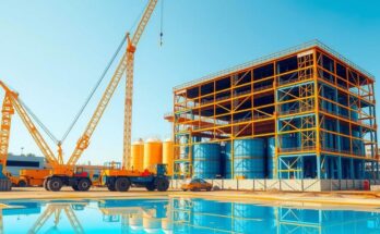 A construction site with cranes and machinery in Mali, featuring gold refinery infrastructure and a vibrant color palette.