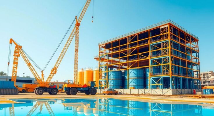A construction site with cranes and machinery in Mali, featuring gold refinery infrastructure and a vibrant color palette.