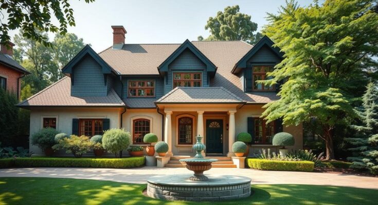 A luxurious gated home in Shanghai with lush greenery, showcasing traditional German architecture under a clear sky.