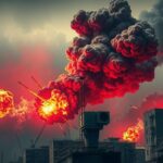 Explosive impact and smoke over urban landscape symbolizing military strikes and conflict effects.
