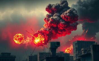 Explosive impact and smoke over urban landscape symbolizing military strikes and conflict effects.