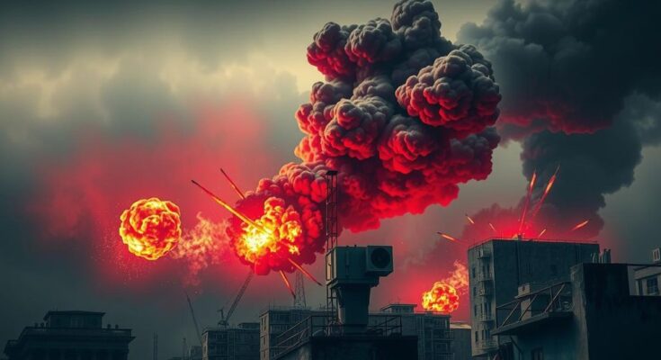 Explosive impact and smoke over urban landscape symbolizing military strikes and conflict effects.