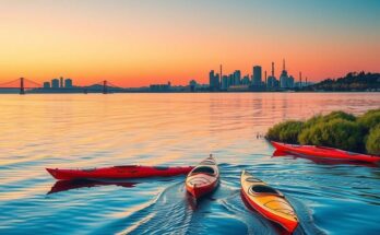 Indigenous leaders kayak in San Francisco Bay near an oil refinery, emphasizing environmental activism and cultural ties.