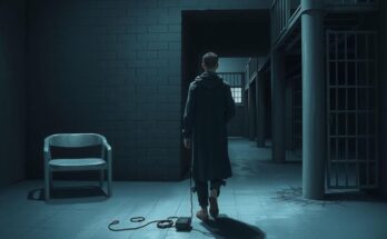 A dark, confined space representing the theme of detention, with muted colors symbolizing despair and uncertainty.