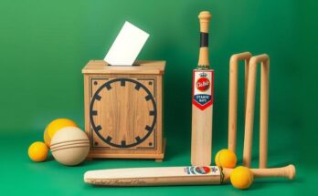 Cricket ballot box surrounded by iconic cricket elements like bat, ball, and stumps in vibrant color scheme.
