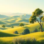 A serene landscape with rolling hills and trees bathed in warm sunlight after an earthquake.