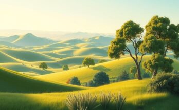 A serene landscape with rolling hills and trees bathed in warm sunlight after an earthquake.