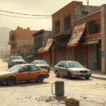 Desert landscape with abandoned cars and closed shops, representing the turmoil in Iran's current situation.