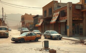Desert landscape with abandoned cars and closed shops, representing the turmoil in Iran's current situation.