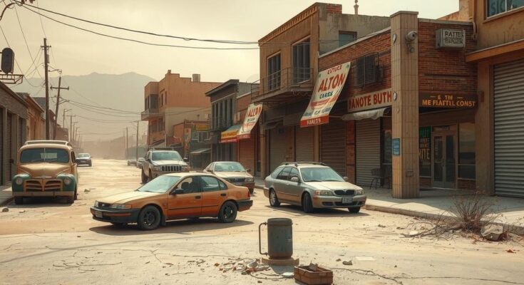 Desert landscape with abandoned cars and closed shops, representing the turmoil in Iran's current situation.