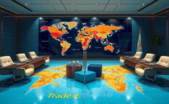 A visual representation of international trade discussions between India and the EU, featuring flags, charts, and symbols of cooperation.