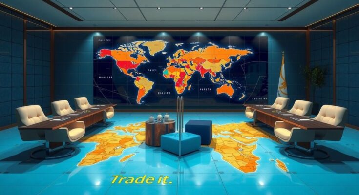 A visual representation of international trade discussions between India and the EU, featuring flags, charts, and symbols of cooperation.