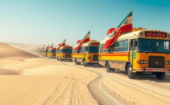 A convoy of buses in a desert landscape, symbolizing solidarity and activism for humanitarian relief efforts.