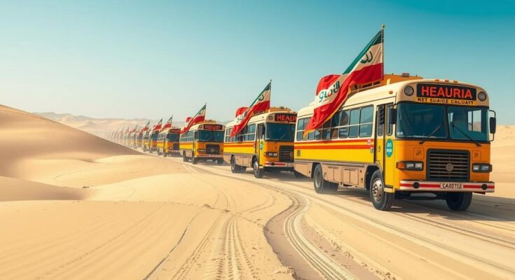 A convoy of buses in a desert landscape, symbolizing solidarity and activism for humanitarian relief efforts.