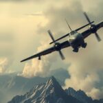 A military aircraft soaring over a landscape with mountains and smoke, symbolizing conflict resolution and peace efforts.