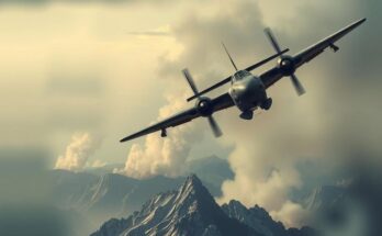 A military aircraft soaring over a landscape with mountains and smoke, symbolizing conflict resolution and peace efforts.