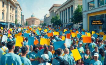 A large crowd gathers in an urban setting, holding signs and banners, under a bright sky, showcasing a vibrant atmosphere.