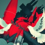 A diplomatic scene depicting peace symbols contrasting with military elements in a modern art style.