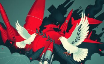 A diplomatic scene depicting peace symbols contrasting with military elements in a modern art style.