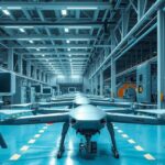 Drone assembly line with industrial workers and machinery producing unmanned aircraft in a factory setting.