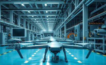 Drone assembly line with industrial workers and machinery producing unmanned aircraft in a factory setting.