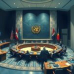 UNSC meeting with flags of nations, tense atmosphere, symbolic representation of international diplomacy.