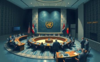 UNSC meeting with flags of nations, tense atmosphere, symbolic representation of international diplomacy.