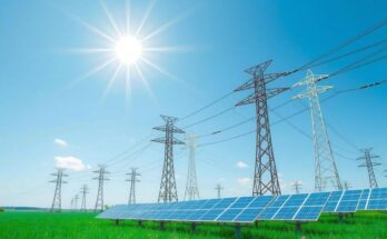 A green energy concept showing power lines and solar panels under a clear blue sky, symbolizing energy reform efforts.